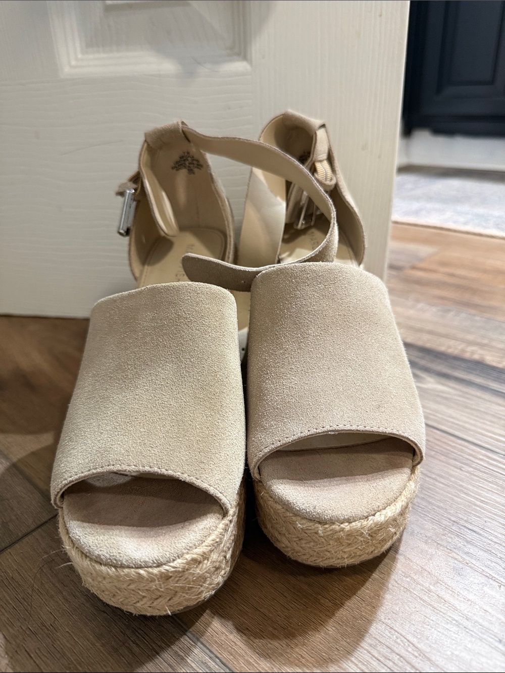 Marc Fisher Beige Suede Espadrille Platform Sandals with Ankle Strap
